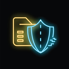 Poster - Blue neon shield protecting folder icon is glowing on black background representing data security