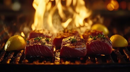 Wall Mural - Grilled Tuna Steaks Flames Lemon BBQ Food Photography