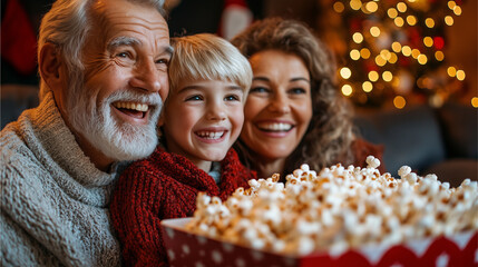 Wall Mural - A multi-generational family enjoying a Christmas movie night.