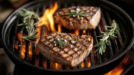 Wall Mural - Delicious Grilled Steaks on BBQ Grill with Rosemary