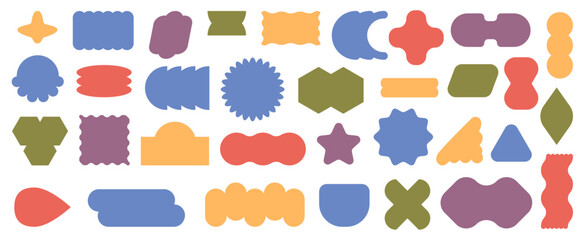 Aufkleber - Trendy brutalist stickers or sticky notes with copy space. Vector in flat style, modern wavy geometric shapes, crosses and circles, rectangles and stars forms and floral design labels set