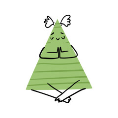 Poster - Triangle figure with smile and facial expression of joy meditating. Vector isolated personage with hands, legs and doodle hair. Friendly geometric shape for kids learning geometry lesson