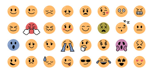 Poster - Digital images or icons set. Vector smiling and grinning, beaming and laughing, peaceful and sleepy, angry and shocked, in love and stylish with sunglasses emotions for social media
