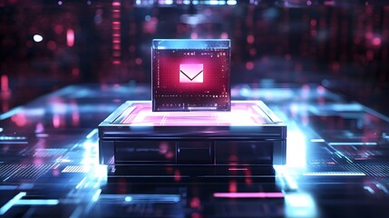 Poster - a futuristic digital mail symbol displayed on a glowing platform, showcasing advancements in communi