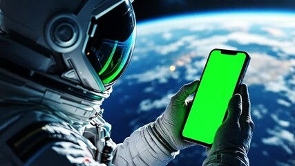 male astronaut using her mobile phone during spacewalk near planet earth, showing green screen into 