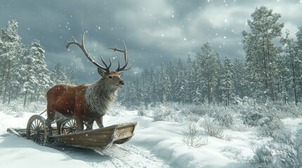 Wall Mural - A majestic deer pulling a sled through a snowy forest.