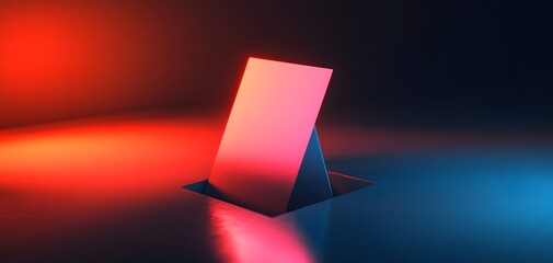 Poster - A modern abstract design featuring a vibrant, geometric shape illuminated by contrasting red and blue lights, creating a striking visual effect.