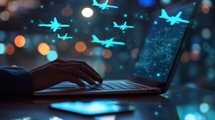 Poster - Futuristic Digital Interface with Airplanes and Glowing Elements Over Laptop at Night, Illustrating Modern Aviation Technology and Data Analysis Concepts