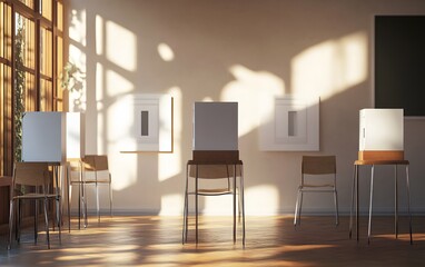 Poster - A serene art gallery showcasing minimalist artwork, illuminated by natural light filtering through large windows. Perfect for creative inspiration.