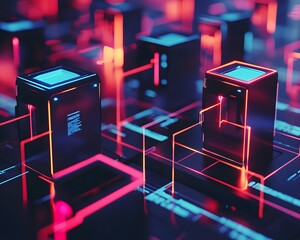 Poster - An abstract representation of a futuristic digital landscape featuring glowing geometric shapes, interconnected nodes, and vibrant neon colors, symbolizing advanced technology.