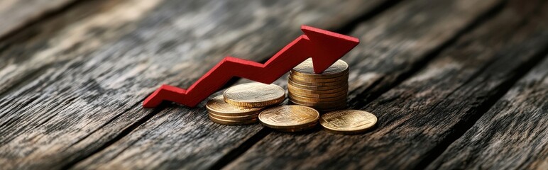 Poster - Growth in Finance: Stacked Coins with a Red Arrow Representing Increasing Profits on a Rustic Wooden Table Background