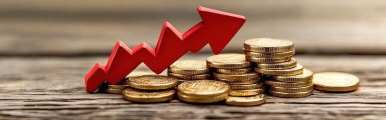 Poster - Increasing Financial Growth Concept with Stacked Gold Coins and Rising Red Arrow on Rustic Wooden Background for Investment and Success Themes