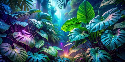 Wall Mural - Vibrant Jungle Leaves with Glowing Light, Tropical , Nature