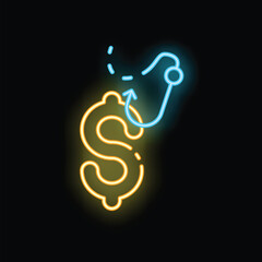 Poster - Neon icon of a dollar sign being caught by a fishing hook against a black background