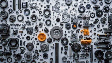 Poster - gears and sprockets laid out in a pattern, highlighting the precision engineering of auto parts.