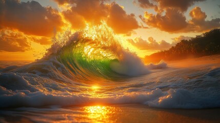 Poster - A massive wave crashes on the shore during a fiery sunset.