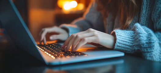 Poster - Businesswoman Typing on Laptop Keyboard at Home Office for Online Work and E-learning