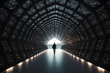 Wall Mural - silhouette of businessman walking through a futuristic, glass-paneled tunnel toward a bright exit.