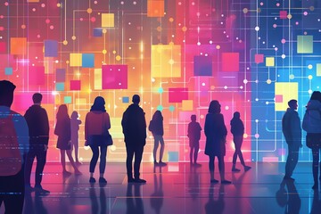 Poster - Silhouetted people observe a vibrant digital art installation featuring colorful squares and interconnected lines on a large screen.