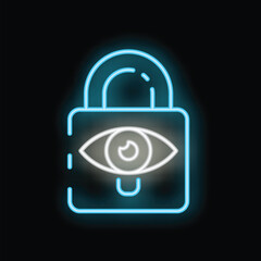 Poster - Glowing neon padlock with an eye symbolizing digital security and data protection
