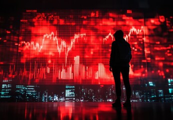 Poster - Person Observing Stock Market Decline with Red Graphs and Data Visualizations in Dark Room, Representing Financial Loss and Economic Distress