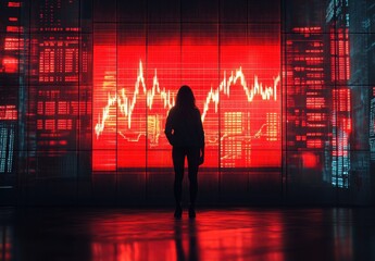 Poster - Person Silhouetted Against Red Stock Market Chart with Trend Lines Indicating Financial Loss and Volatility in a High-Tech Trading Environment