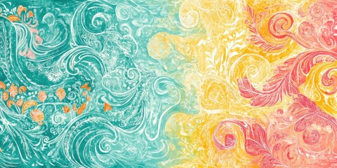 Wall Mural - a vibrant abstract swirl of teal and yellow with floral patterns.
