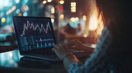 Poster - Young Woman Working on Laptop in a Cafe, Analyzing Data Trends and Market Insights with Graphs on a Screen, Emphasizing Remote Work Culture and Urban Lifestyle