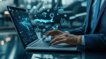Poster - Professional Businessman Using Laptop with Digital Graphics Representing Air Travel Technology and Connectivity in Modern Office Setting