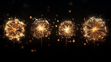 Wall Mural - Shimmering golden fireworks patterns glowing bokeh elements softly highlighting the dark background