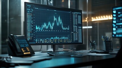 Poster - High-Tech Stock Market Analysis Workspace Featuring Digital Graphs and Financial Data on a Modern Monitor Setup for Business Professionals