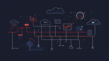 Aufkleber - A digital illustration shows complex data flow among cloud systems, monitoring dashboards, and security features, highlighting analytics trends in today's tech landscape.