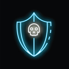 Poster - Blue neon shield protecting from skull threat, concept for antivirus or cybersecurity