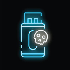 Poster - Glowing neon line usb flash drive with a skull icon isolated on black background, concept of infected files or data loss
