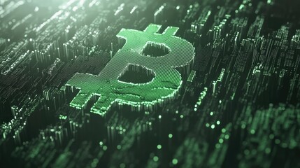 Poster - Glowing Green Bitcoin Symbol on a Digital Circuit Board
