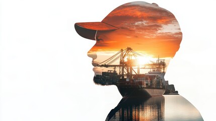 Wall Mural - Double exposure photography of engineer man and the business Logistics and transportation of Container Cargo ship and Cargo plane with working crane bridge