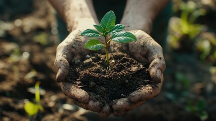 Wall Mural - Seedling grow and plant in nature, hands and future of environment, farmer and outdoor in soil of garden. Agriculture, dirt and person with care for sustainability, eco friendly. 8k Resolution