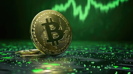 Poster - Golden Bitcoin Cryptocurrency Coin on Circuit Board with Green Chart Background