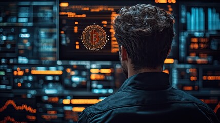 Poster - Crypto Trader Monitoring Bitcoin Price Fluctuations on Multiple Screens