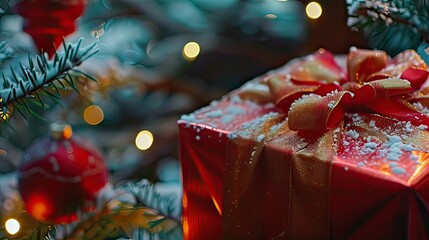 Wall Mural - A close-up of a large, colorful Christmas gift under the tree.