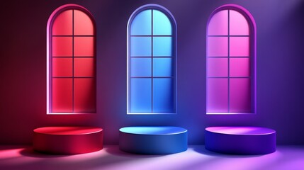 Wall Mural - three arched windows with vibrant colored lights, showcasing three podiums in corresponding colors.