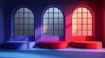 Wall Mural - three arched windows in a room with three podiums, each a different color and lit by sunlight shinin