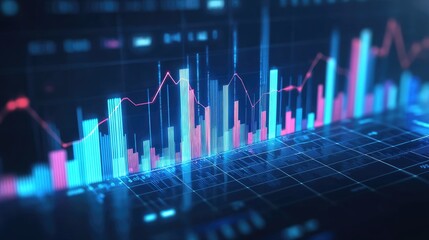 Poster - Abstract Neon Financial Data Visualization with Bar and Line Graphs