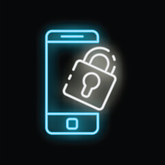 Poster - Blue neon icon of a smartphone with a bright padlock, representing mobile security and data protection