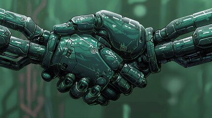 Poster - Two metallic robotic hands shake in a futuristic green environment.