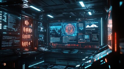 Poster - A computer room with a large monitor displaying a map of the world