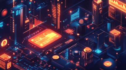 Poster - A cityscape with a glowing neon sign that says 