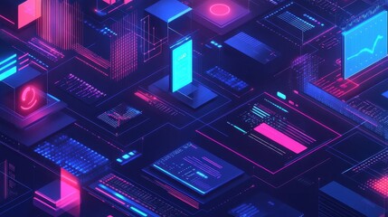 Fototapete - A colorful image of a cityscape with many buildings and a computer screen