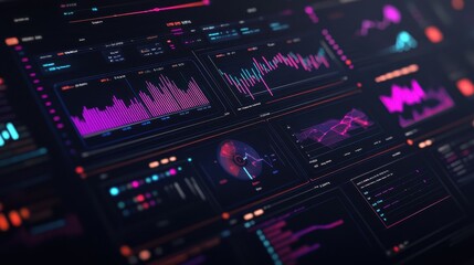Fototapete - A computer screen displays a variety of colorful graphs and numbers