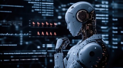 Poster - A robot is looking at a computer screen with a lot of numbers and symbols
